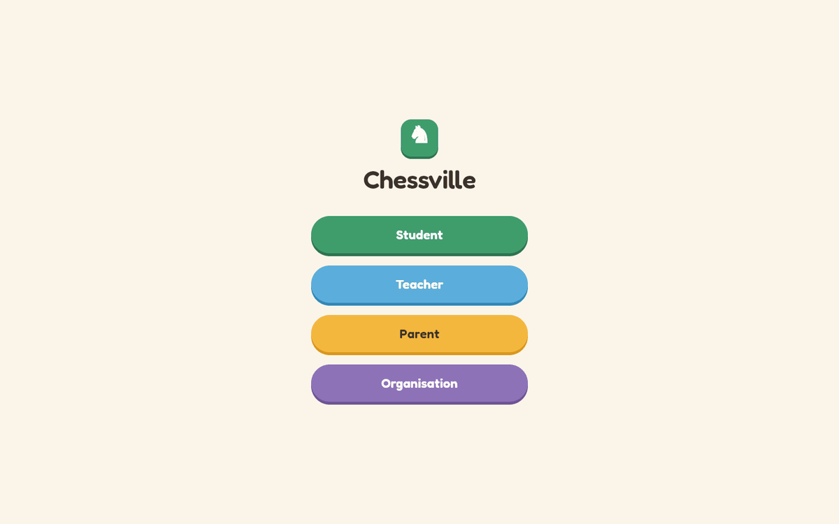 Chessville walkthrough: role picker, a child's lesson and puzzles, the teacher's progress map, and the parent view